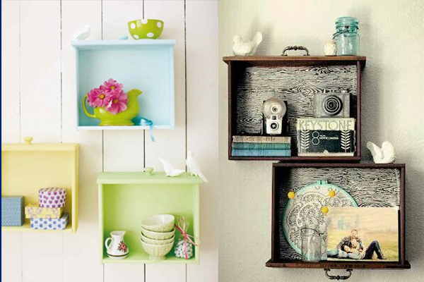 Image Courtesy: http://www.homedit.com/beautiful-diy-wall-shelves-of-used-drawers/; http://www.apartmenttherapy.com/small-living-room-ideas-25-diy-space-saving-projects-202206